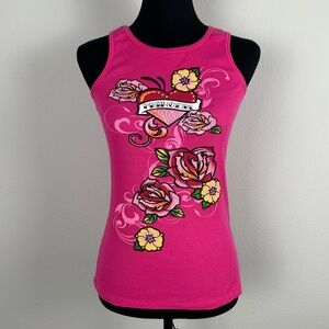 Y2K Ribbed Pink Tank Top Size Large Princess Heart Tattoo Rose Graphic Biker